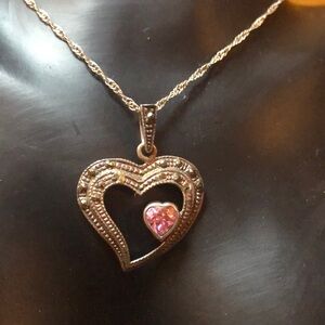 Vintage 925 Sterling Silver Marcasite & Pink Stone Open Heart Love Necklace